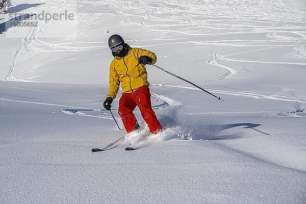 Skifahrer im Tiefschnee  Abfahrt Hohe Salve  SkiWelt Wilder Kaiser Brixenthal  Hochbrixen  Tirol  Österreich  Europa