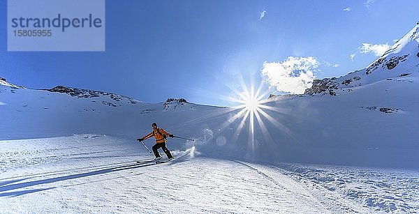 Skifahrer mit Tourenski beim Skifahren im Schnee  Skitour Geierspitze  Wattentaler Lizum  Tuxer Alpen  Tirol  Österreich  Europa