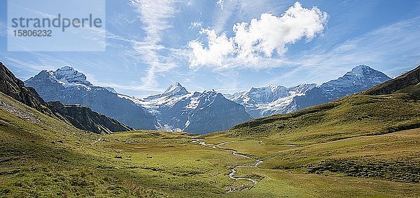 Flussschleifen  hinter schneebedecktem Schreckhorn  Wetterhorn und Eiger  Grindelwald  Bern  Schweiz  Europa