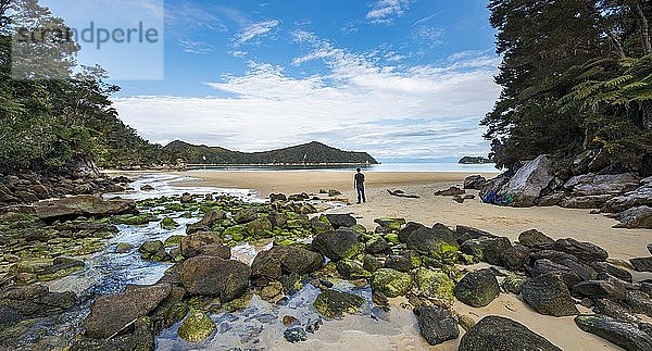 Junger Mann steht am Strand mit moosbewachsenen Felsen  Stillwell Bay  Bach Lesson Creek  Abel Tasman Coastal Track  Abel Tasman National Park  Tasman  Südinsel  Neuseeland  Ozeanien