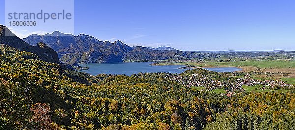 Kochelsee mit Herzogtum und Hausgarten  Kochel am See  Blick vom Stutzenstein  Das Blaue Land  Oberbayern  Bayern  Deutschland  Europa