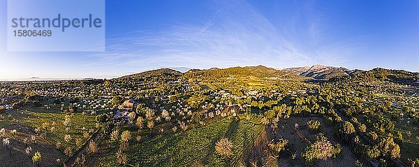 Panorama  Mandelblüte  Kulturlandschaft mit blühenden Mandelbäumen  bei Mancor de la Vall  Serra de Tramuntana  Luftaufnahme  Mallorca  Balearen  Spanien  Europa