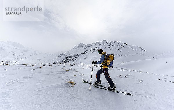 Skitourengeher im Schnee bei Nebel  hinter Schluchtspitzen  Wattentaler Lizum  Tuxer Alpen  Tirol  Österreich  Europa