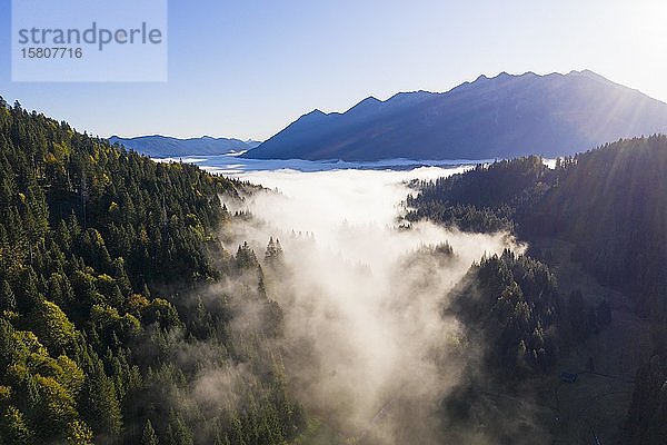 Nebelschwaden am Geroldsee  bei Krün  Werdenfelser Land  Drohnenaufnahme  Oberbayern  Bayern  Deutschland  Europa
