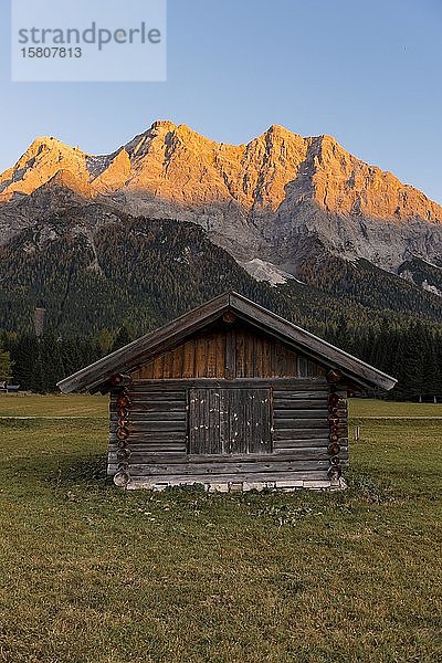 Wiese mit Heustadl  Sonnenuntergang an der Zugspitze  Wettersteingebirge  Werdenfelser Land  Oberbayern  Bayern  Deutschland  Europa