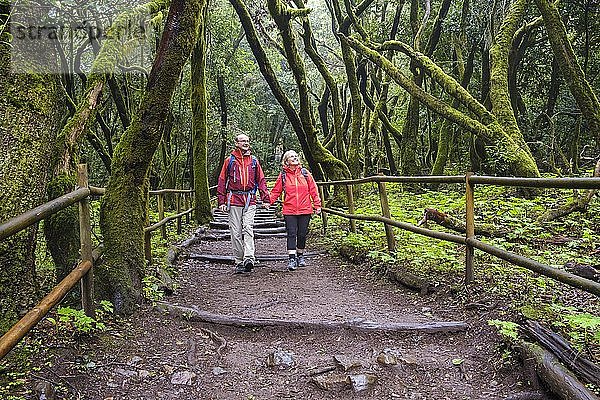 Paar beim Wandern auf einem Waldweg im Lorbeerwald  Laguna Grande  Garajonay Nationalpark  La Gomera  Kanarische Inseln  Spanien  Europa