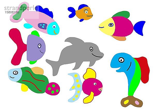 Naive Illustration  Kinderzeichnung  Verschiedene bunte Fische  Deutschland  Europa