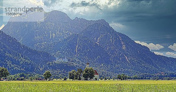 Mächtiger Säuling in den Ammergauer Alpen mit dem Märchenschloss Neuschwanstein und der kleinen Kirche St. Coloman inmitten einer saftig grünen Wiese  Hohenschwangau  Füssen  Bayern  Deutschland  Europa