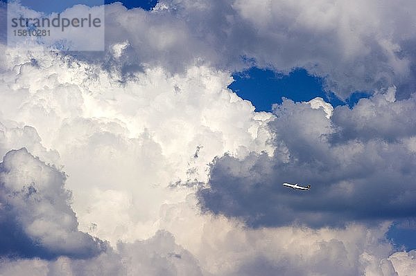 Gewitterwolken  Cumulonimbus  Lufthansa Passagierflugzeug über dem Flughafen München  Freising  Oberbayern  Bayern  Deutschland  Europa