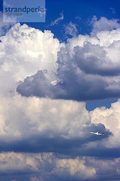 Gewitterwolken  Cumulonimbus  Lufthansa Passagierflugzeug über dem Flughafen München  Freising  Oberbayern  Bayern  Deutschland  Europa