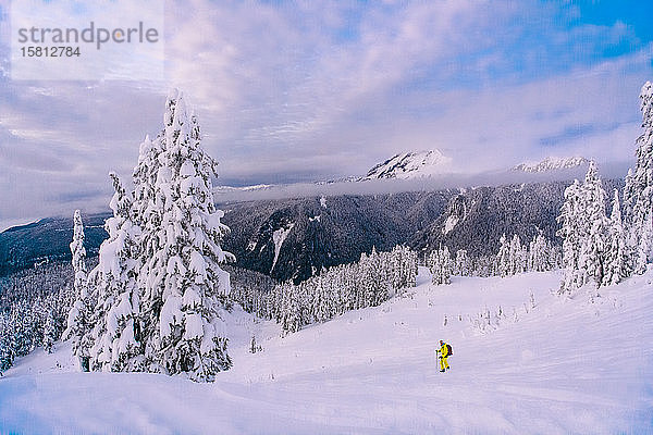 Person beim Skifahren durch eine winterliche Landschaft  schneebedeckte Berge in der Ferne.