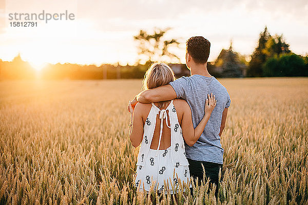 Rückansicht eines jungen Paares  das in einem goldenen Weizenfeld steht und sich umarmt.