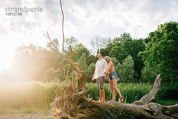 Junges Paar steht auf einem umgefallenen Baum am Flussufer  hält sich an den Händen und lächelt.