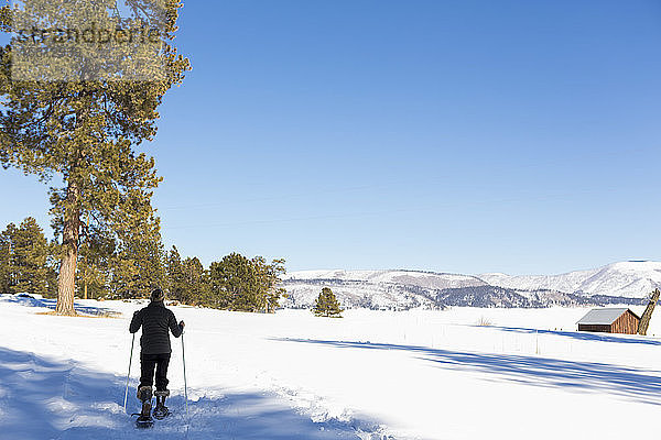 Erwachsene Frau mit Schneeschuhen und Stöcken auf einem Wanderweg.