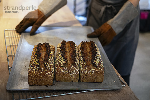 Nahaufnahme einer Person  die ein Tablett mit frisch gebackenen  entkernten Brotlaiben in einer handwerklichen Bäckerei in der Hand hält.