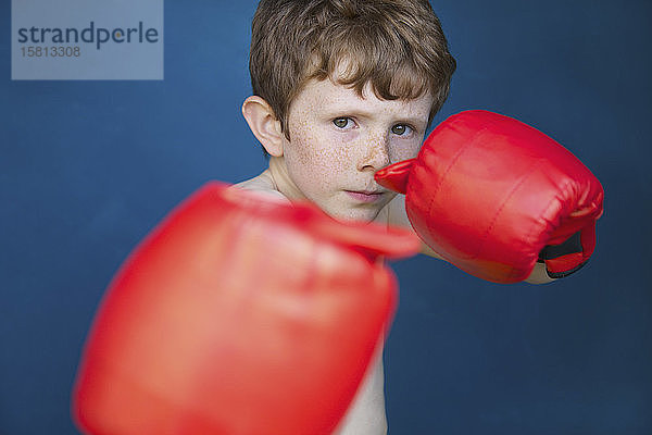 Porträt eines harten Jungen mit Boxhandschuhen in Kampfstellung