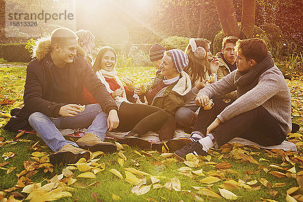 Freunde hängen ab und genießen ein Picknick im sonnigen Herbstpark