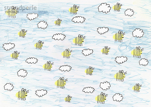 Kinderzeichnung von Hummeln fliegen in blauen Himmel mit Wolken