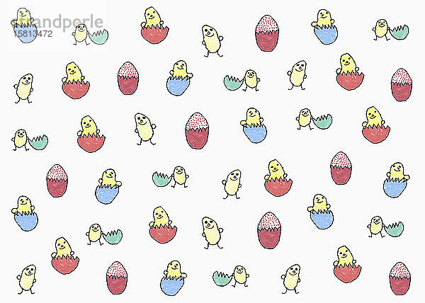Kinderzeichnung von Küken  die aus mehrfarbigen Eiern schlüpfen