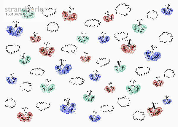 Zeichnung von mehrfarbigen Schmetterlingen zwischen Wolken