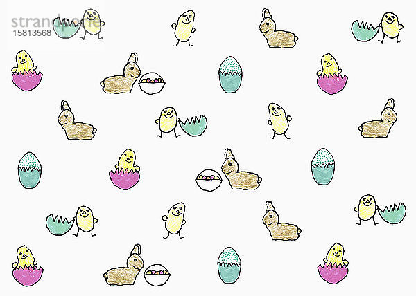 Kinderzeichnung von Osterhasen und Küken in Eiern