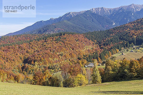 Blick vom Bran-Kloster auf das Bucegi-Gebirge im Herbst  Simon  Rumänien  Europa