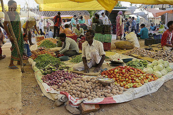Straßenmarkt in Kanha  Bundesstaat Madhya Pradesh  Indien  Asien