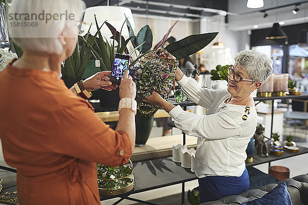 Ältere Frauen mit Fotohandy in einem Geschäft für Wohnkultur