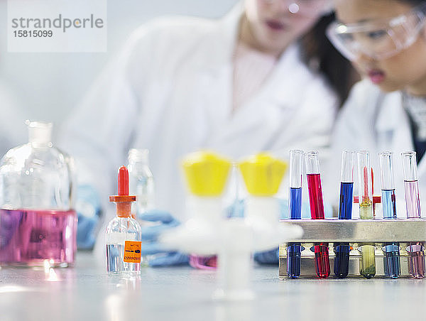 Studentinnen bei der Durchführung wissenschaftlicher Experimente hinter Reagenzgläsern und Flaschen in einem Laborklassenzimmer