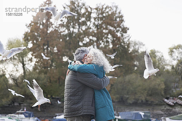 Lächelndes  zärtliches älteres Paar  das sich im Park mit fliegenden Vögeln umarmt