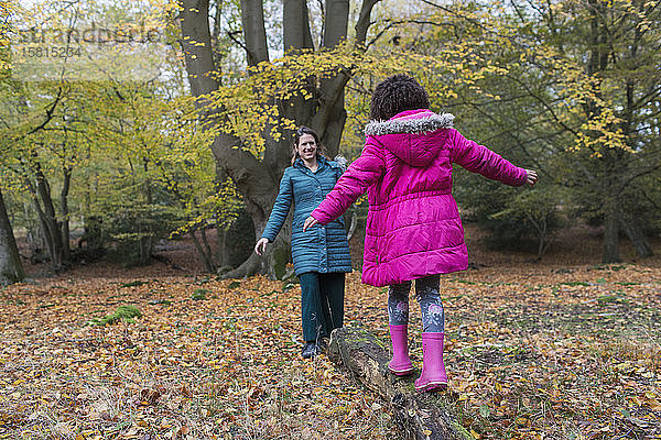 Mutter und Tochter balancieren auf einem umgestürzten Baumstamm im Herbstwald