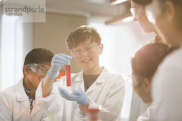 Schüler  die eine Flüssigkeit im Reagenzglas untersuchen und ein wissenschaftliches Experiment im Labor durchführen