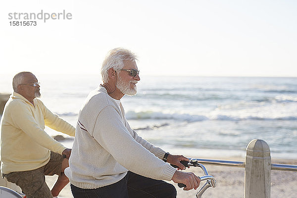 Aktive ältere Männer  die Fahrrad fahren und den Blick aufs Meer genießen