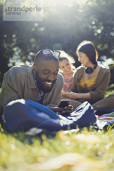 Lächelnder junger Mann  der mit seinem Handy SMS schreibt und sich im sonnigen Sommerpark entspannt