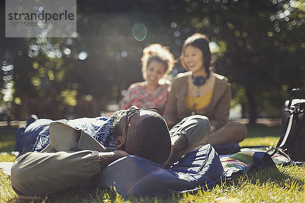Junge Freunde entspannen sich im sonnigen Sommerpark