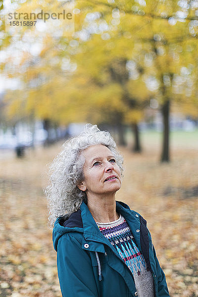 Nachdenkliche ältere Frau mit Blick auf Herbstbäume im Park