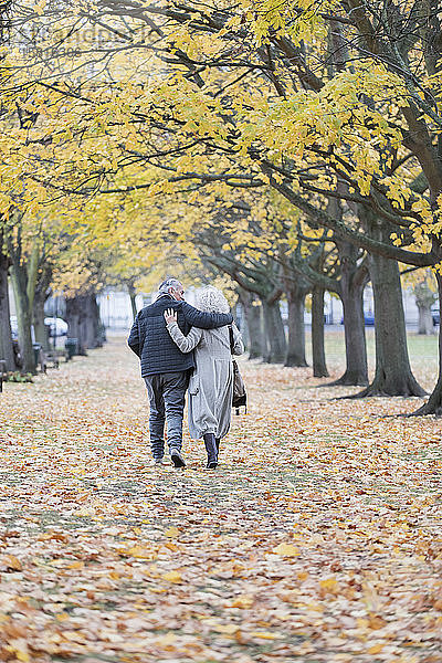 Zärtliches Paar  das sich umarmt und zwischen Bäumen und Blättern im Herbstpark spazieren geht