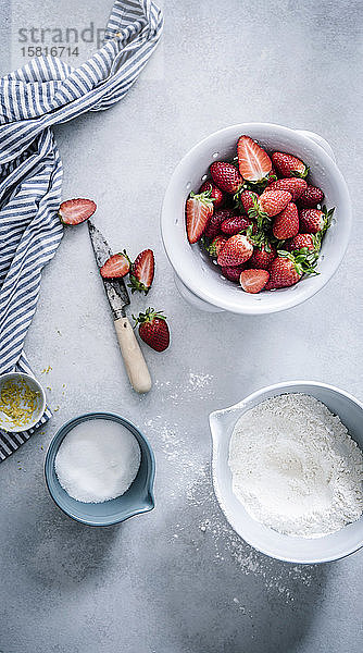 Ein Stillleben mit Erdbeeren  Mehl  Zucker und Zitronenschalen