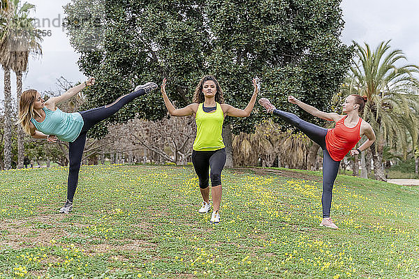 Sportliche junge Frauen trainieren in einem Park