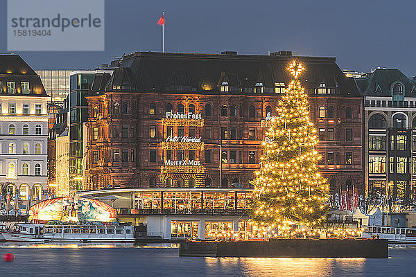 Deutschland  Hamburg  Beleuchteter Alstertanne-Baum in der Abenddämmerung mit Jungfernstieg-Promenade im Hintergrund