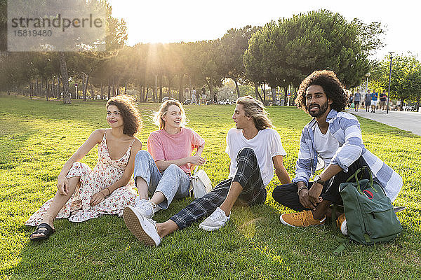Gruppe von Freunden entspannt sich auf einer Wiese im Park