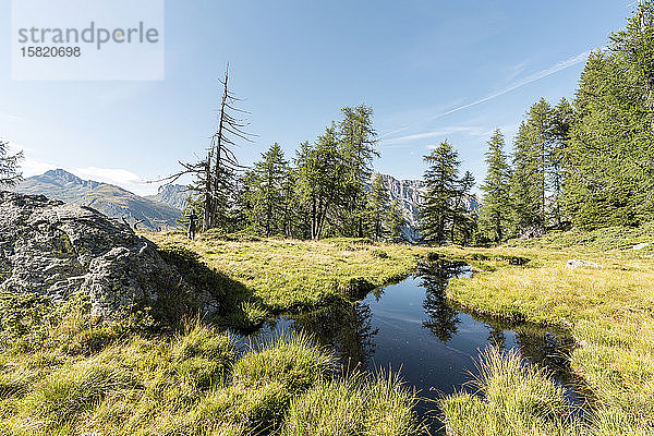 Teich und Wanderer im Hintergrund  Alpen  Graubünden  Schweiz