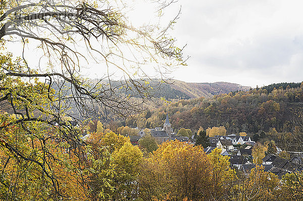 Deutschland  Nordrhein-Westfalen  Einruhr  Dorf von bewaldeten Hügeln umgeben im Herbst