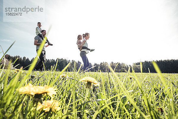 Glückliche Familie mit zwei Kindern im Frühling auf einer Wiese