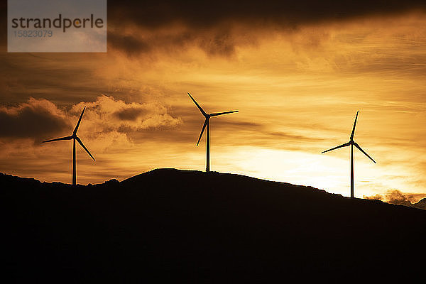 Spanien  Andalusien  Tarifa  Windräder auf Berg bei Sonnenaufgang