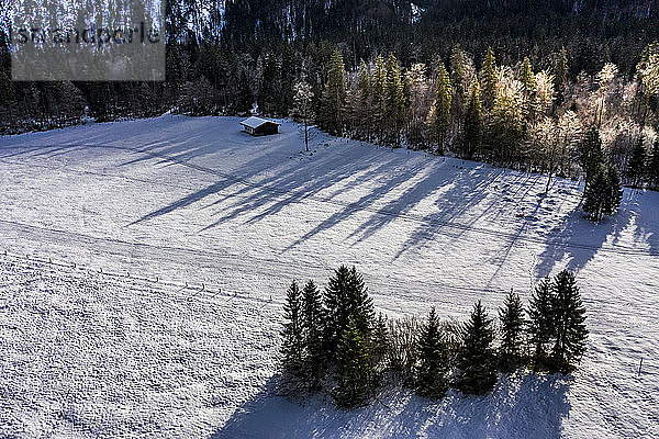 Deutschland  Bayern  Reit im Winkl  Hubschrauberansicht der schneebedeckten Landschaft in den Chiemgauer Alpen