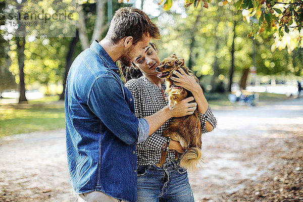 Glückliches junges Paar mit Hund in einem Park