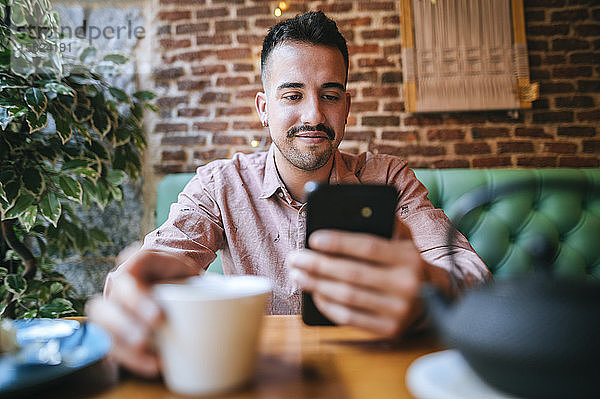 Porträt eines lächelnden Mannes in einem Cafe  der auf sein Handy schaut