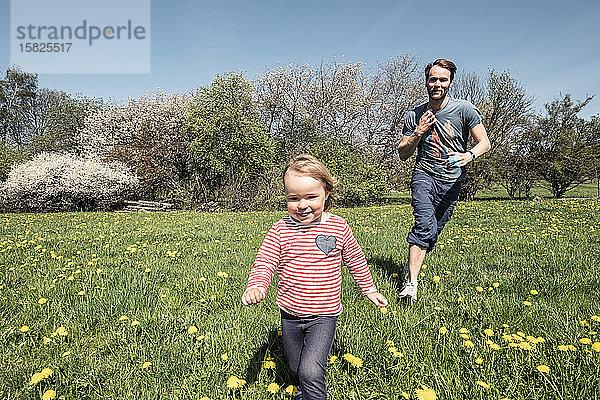 Kleines Mädchen und ihr Vater rennen im Frühling auf einer Wiese