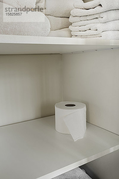 Weiße Handtücher und Toilettenpapier in Regalen